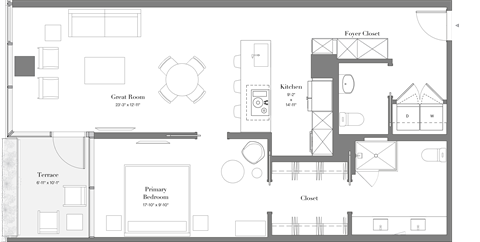 Floor plan for 1 bed, 1.5 baths, 966 sqft
